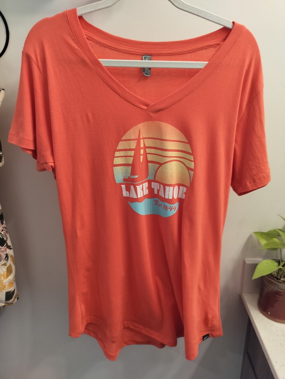 Techstyles Women's XXL Lake Tahoe Retro Sunset Sailboat V-Neck Graphic Tee Coral